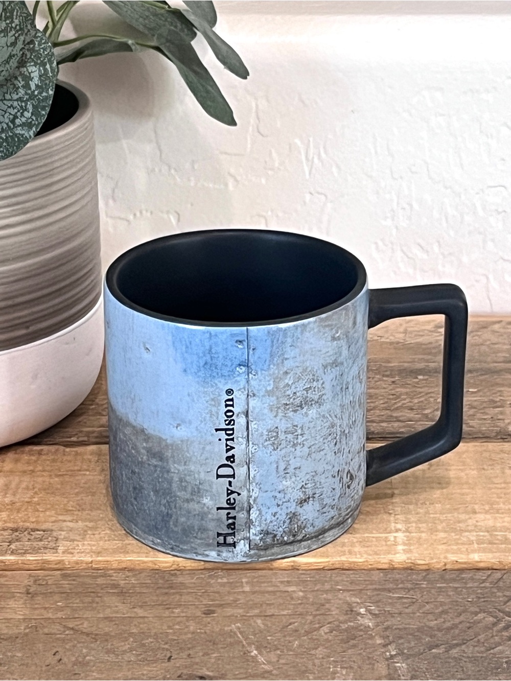 Vintage 2012 Harley-Davidson Distressed Faux Metal Ceramic Coffee Mug Blue